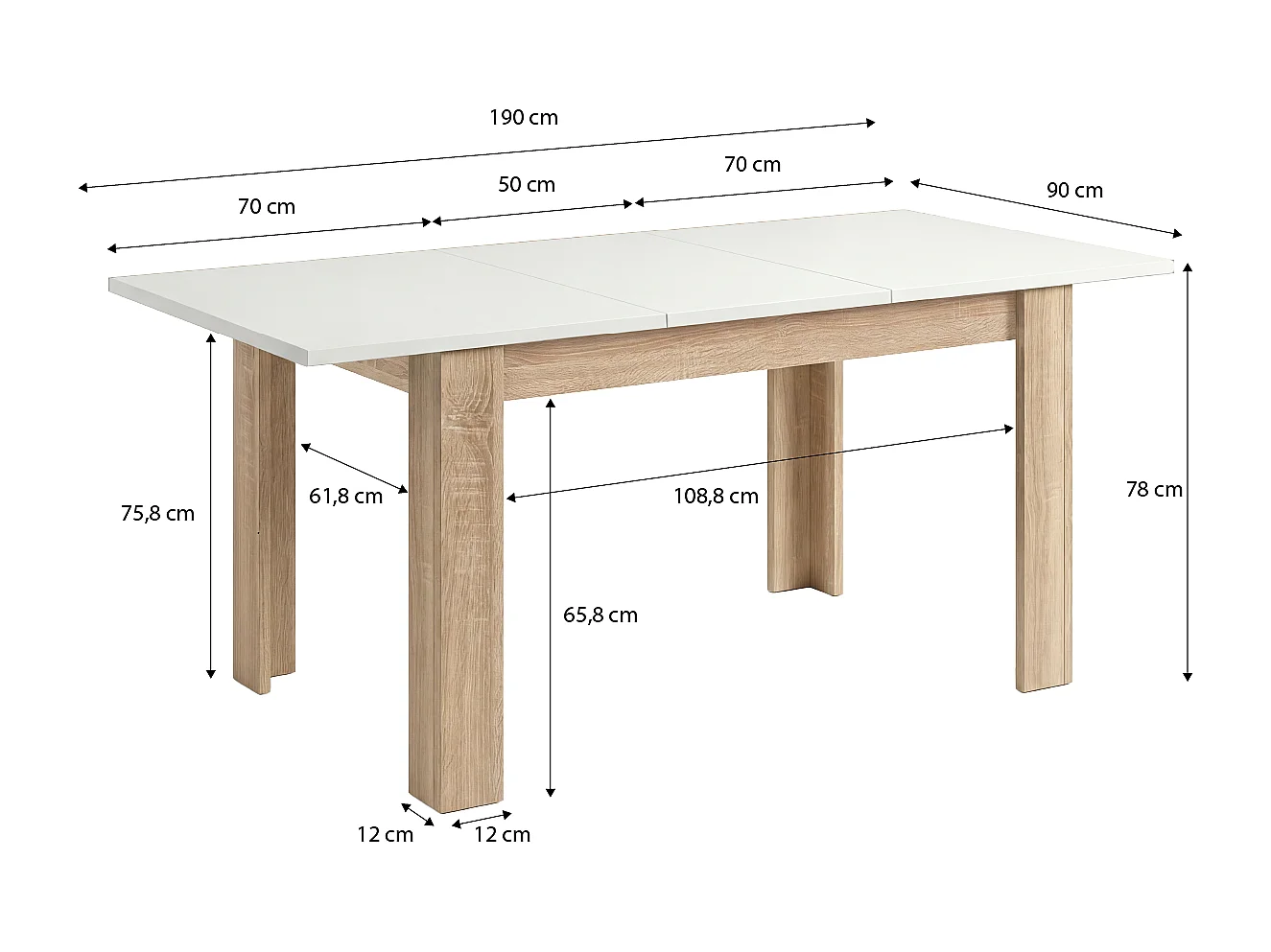Mesa de comedor extensible en roble canadian y blanco mate 140-190x90 cm Sira Roble Canadian - Blanco Artik (Blanco Mate)