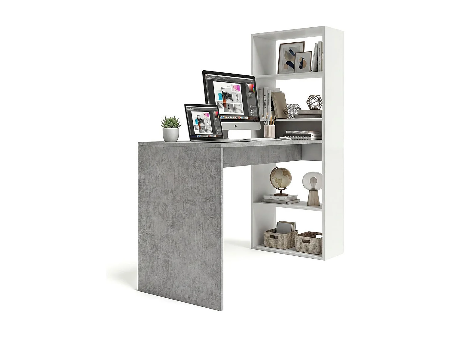 Secretária Cosmic com prateleiras Branco Artik (Branco mate) - Cinzento Cimento