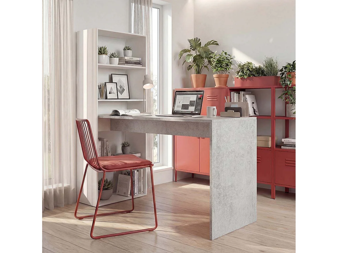 Secretária Cosmic com prateleiras Branco Artik (Branco mate) - Cinzento Cimento