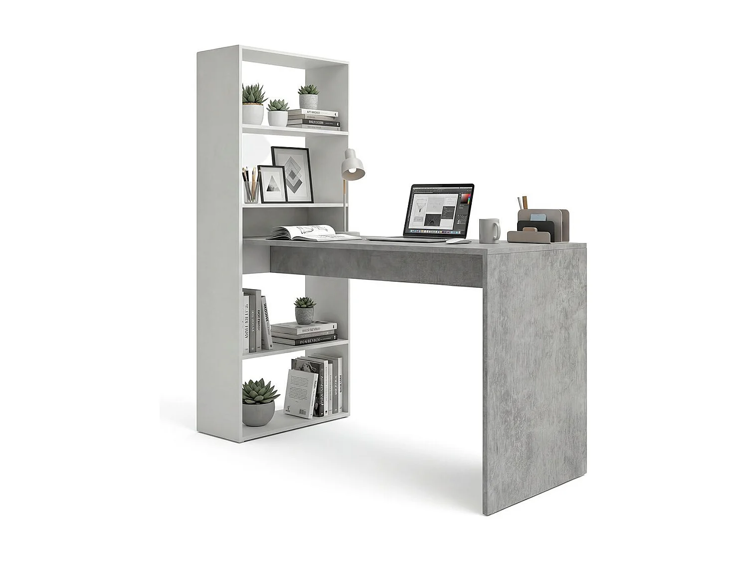 Secretária Cosmic com prateleiras Branco Artik (Branco mate) - Cinzento Cimento