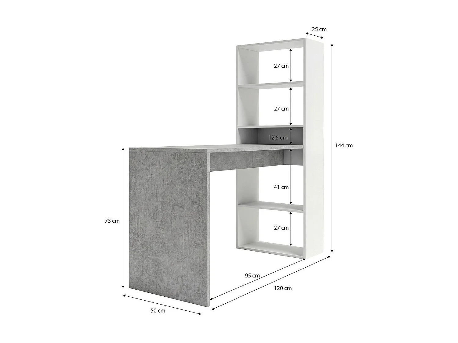 Secretária Cosmic com prateleiras Branco Artik (Branco mate) - Cinzento Cimento