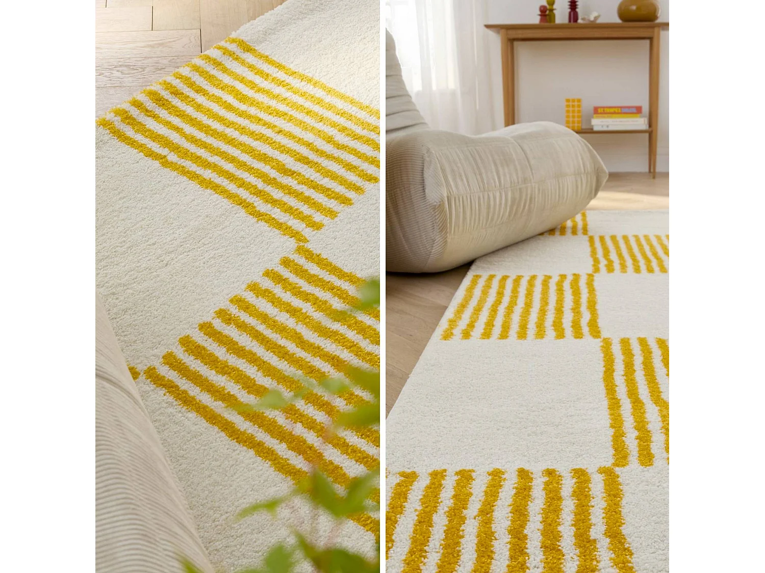 Alfombra interior con motivo damero amarillo y blanco
