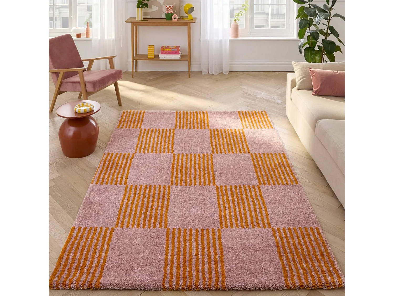 Tappeto interno a scacchi arancione e rosa