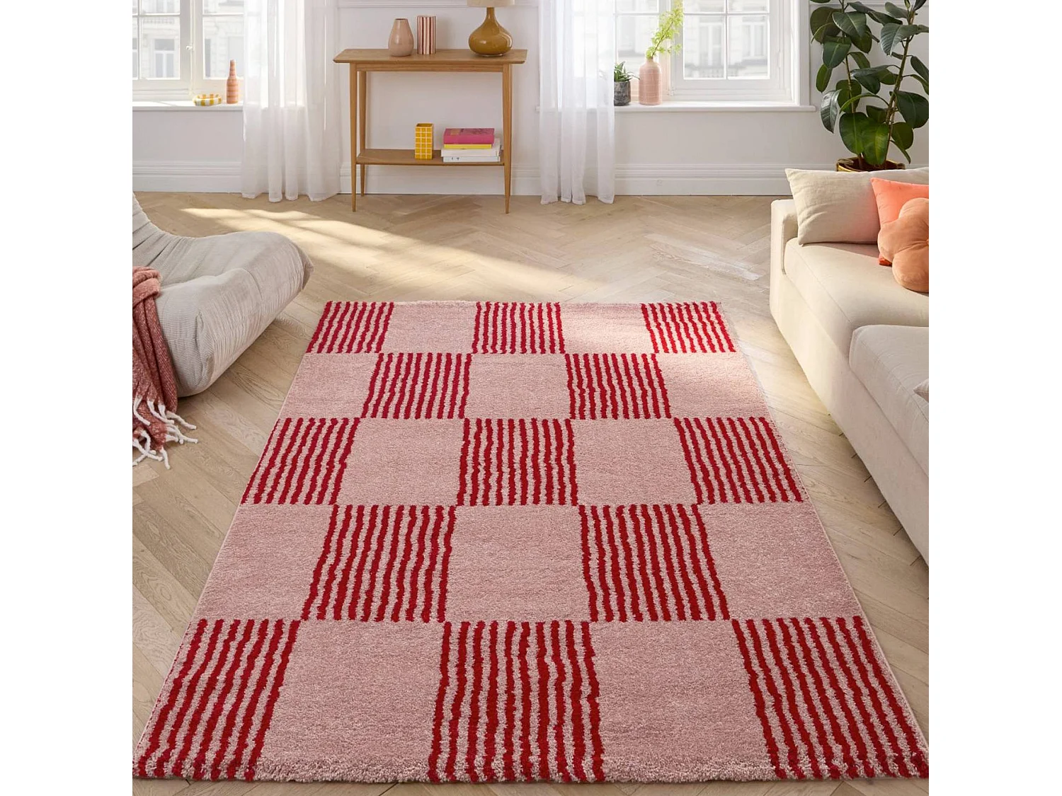 Tapis intérieur damier rouge et rose 200 x 290 cm - Fergew