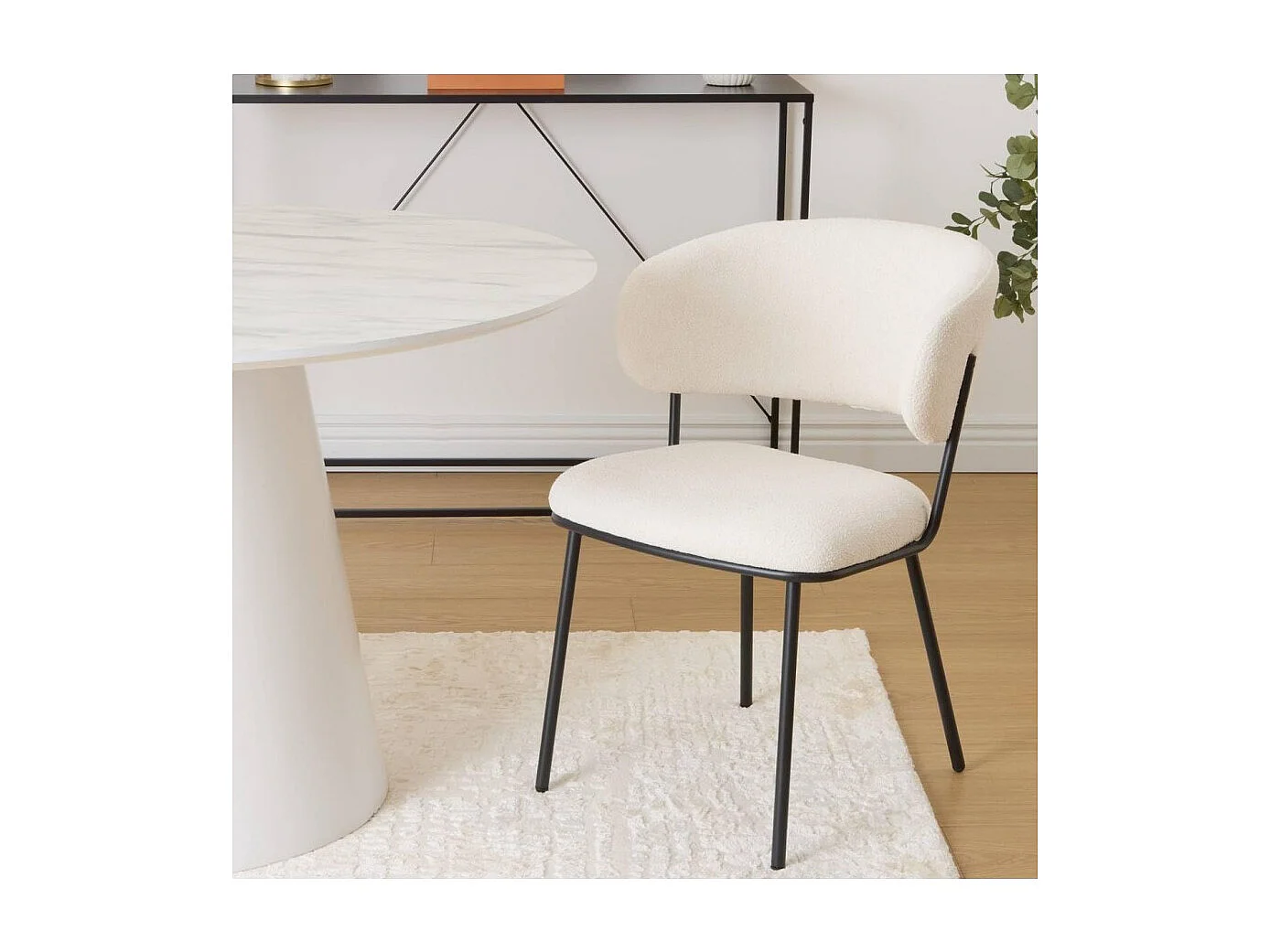Lot de 2 chaises de salle à manger en tissu chenille avec pieds en métal noir, couleur blanche - Longueur 58 x Profondeur 54 x Hauteur 79 cm