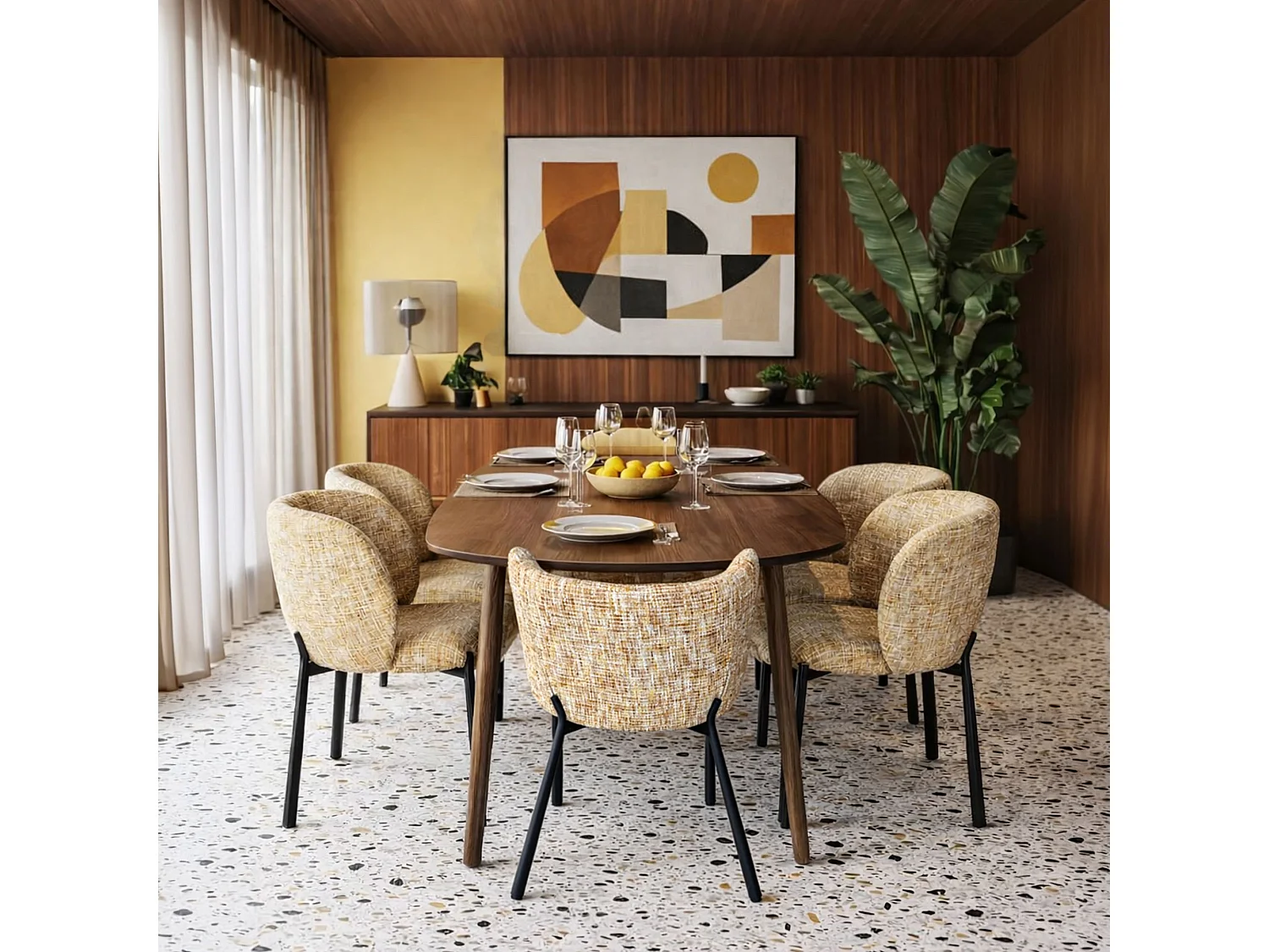 Now's Home - Lot 2 Fauteuils De Table Métal Noir Tissu Tweed Ocre58x54.5x76.5cm Suzan