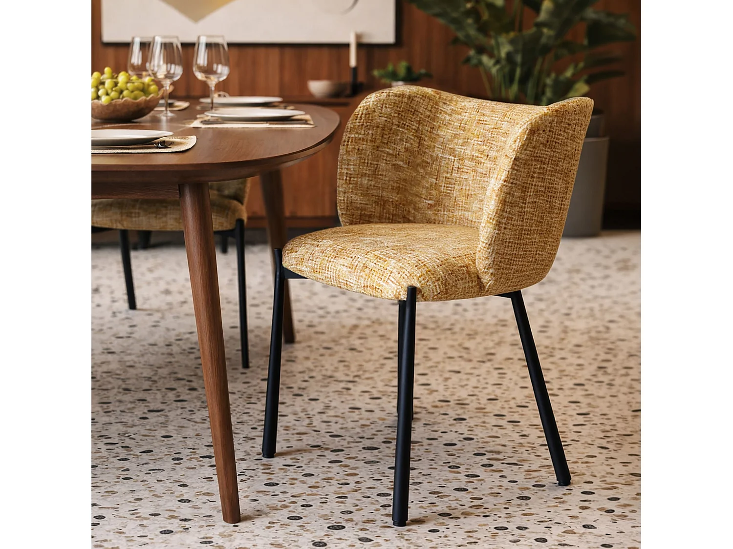 Now's Home - Lot 2 Fauteuils De Table Métal Noir Tissu Tweed Ocre58x54.5x76.5cm Suzan