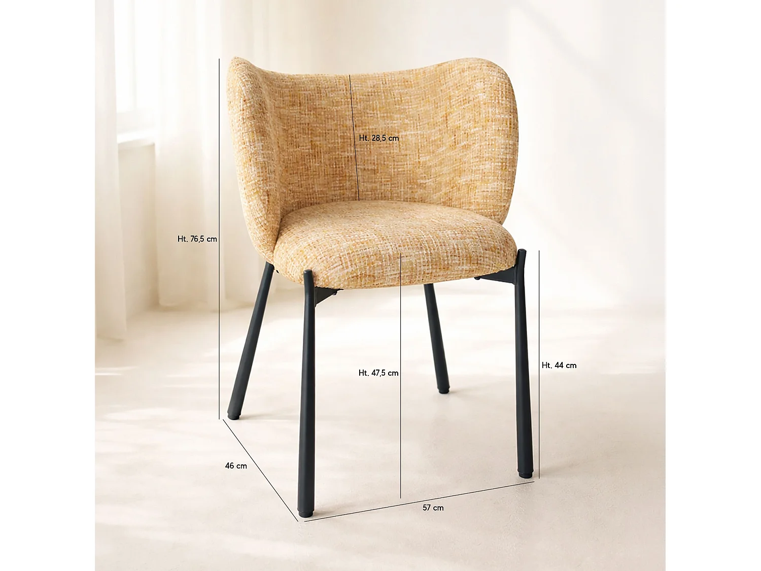 Now's Home - Lot 2 Fauteuils De Table Métal Noir Tissu Tweed Ocre58x54.5x76.5cm Suzan