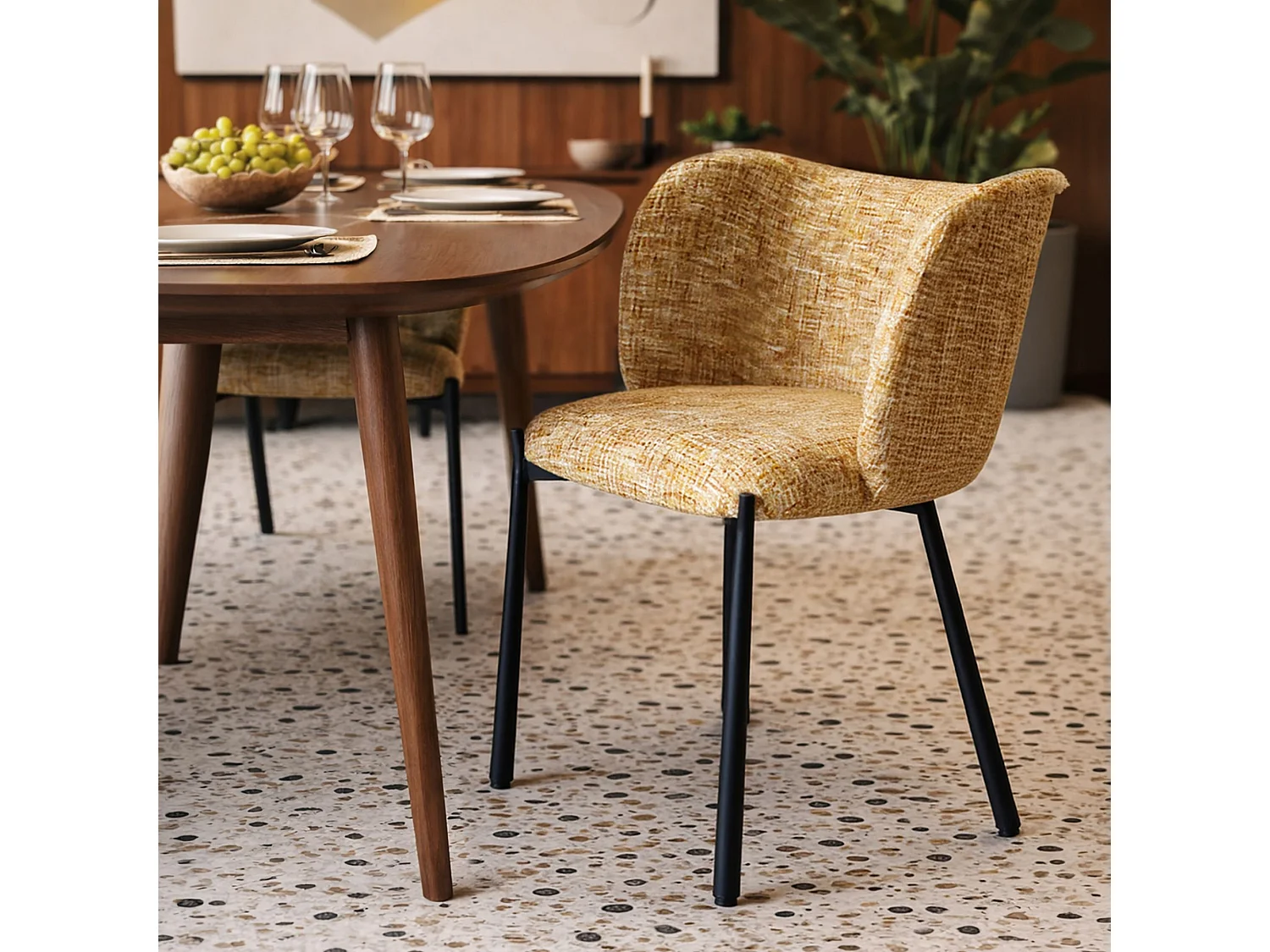 Now's Home - Lot 2 Fauteuils De Table Métal Noir Tissu Tweed Ocre58x54.5x76.5cm Suzan