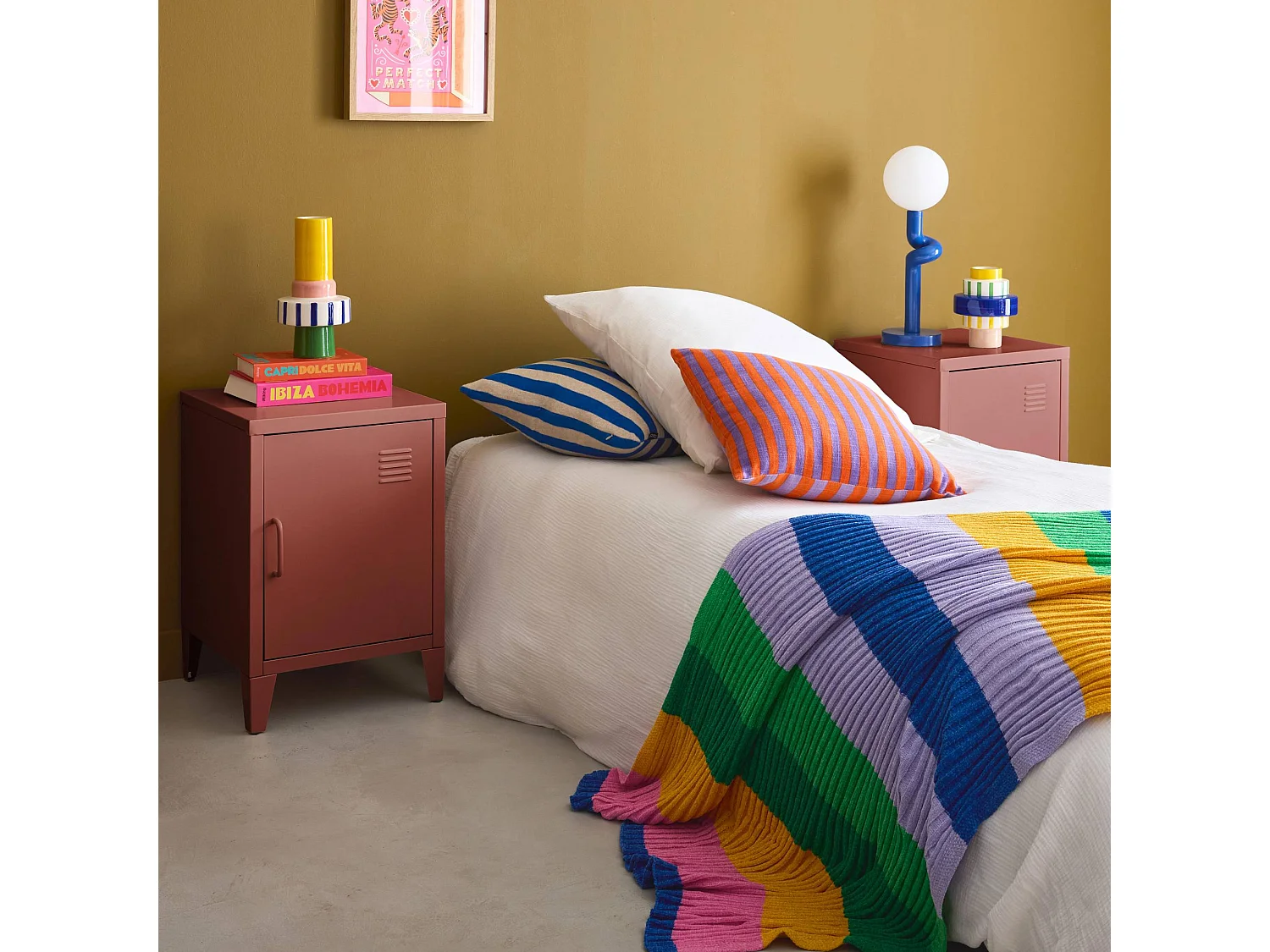 Set 2 comodini industriali, 1 anta, terracotta