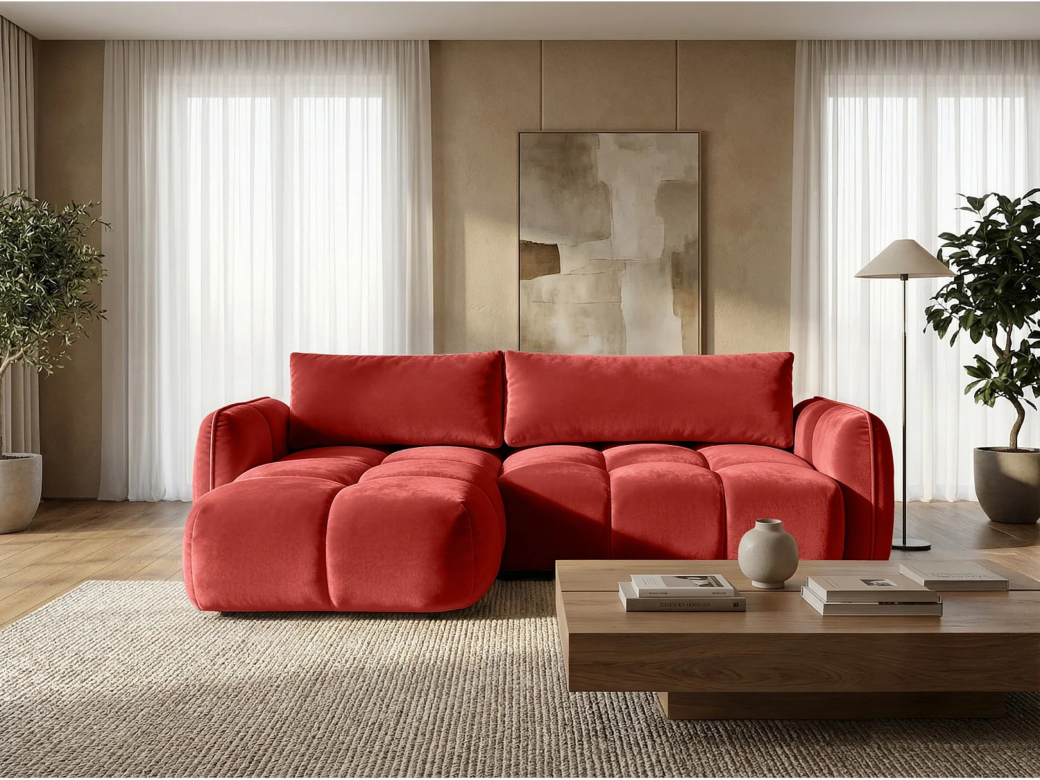 Ecksofa BELVEO mit Schlaffunktion und Bettkasten L-Form Ausrichtung Links Stoff Bluvel 59