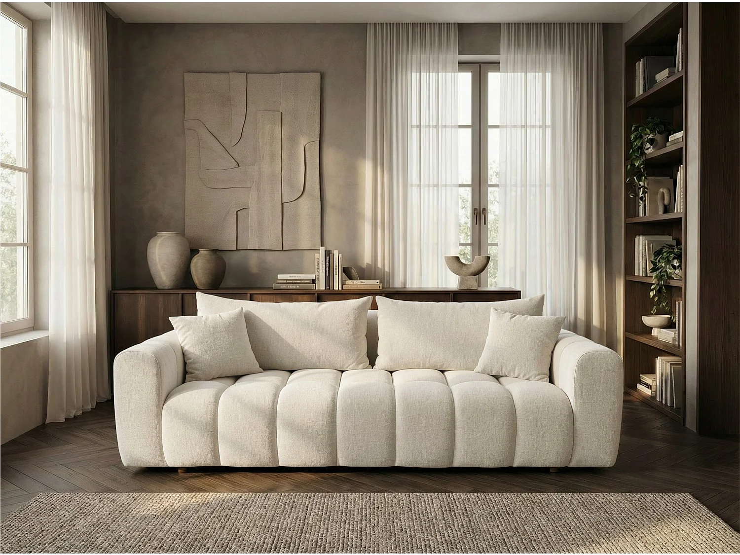 Schlafsofa COSMO LUXURY 240cm – Premium HR-Schaum – Strukturstoff Puente 03 Cremeweiß