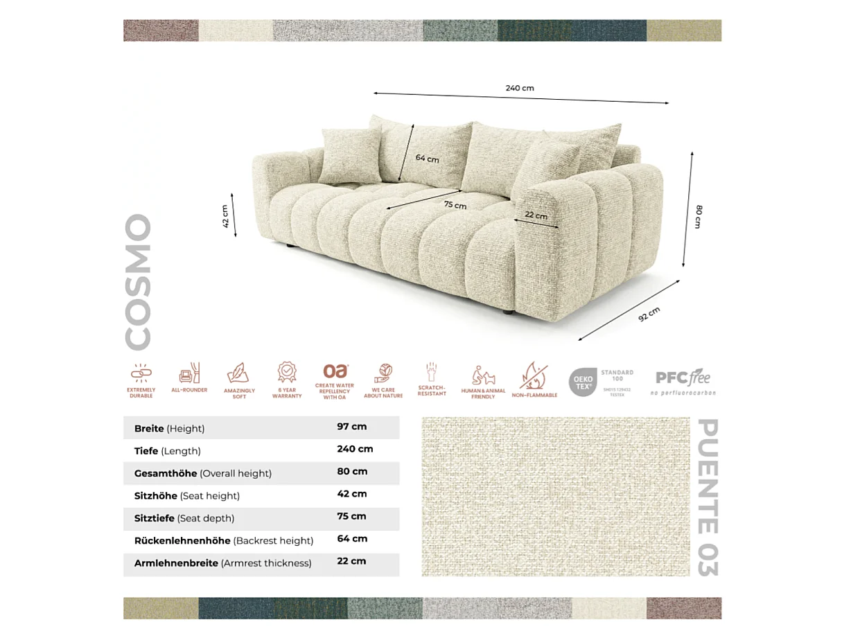Canapé convertible en tissu bouclé blanc cassé 240 cm - COSMO LUXURY