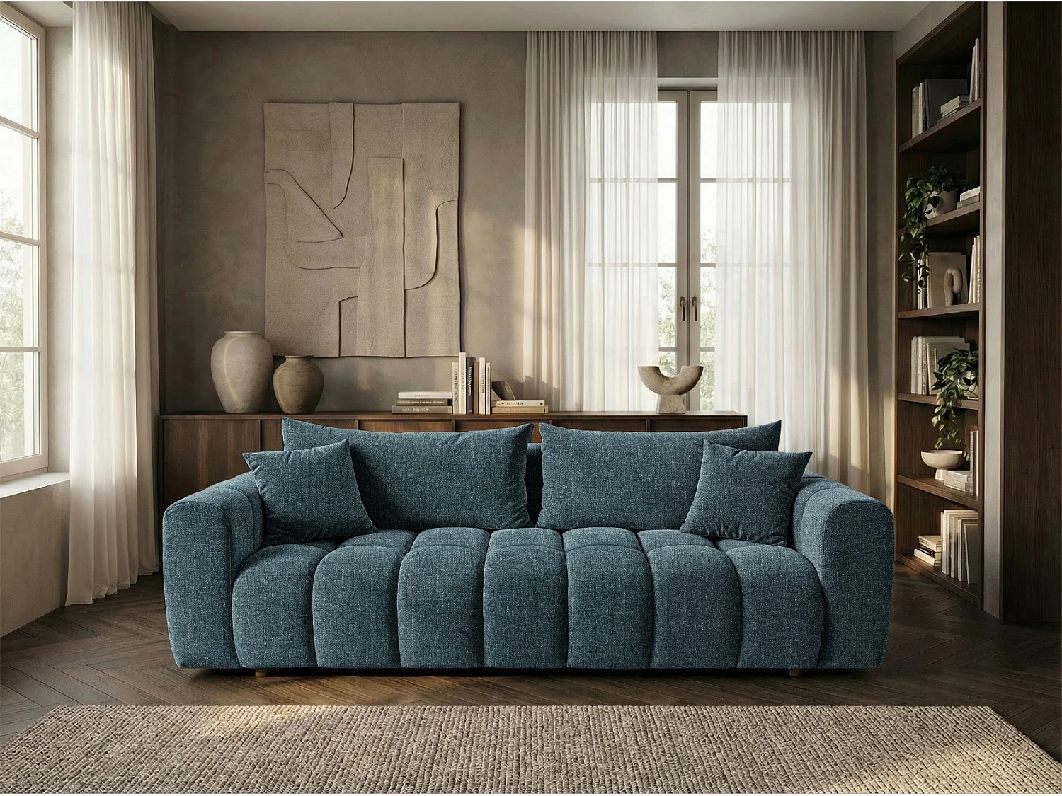 Schlafsofa COSMO LUXURY 240cm Premium HR-Schaum – Strukturstoff Puente 39 Petrolblau