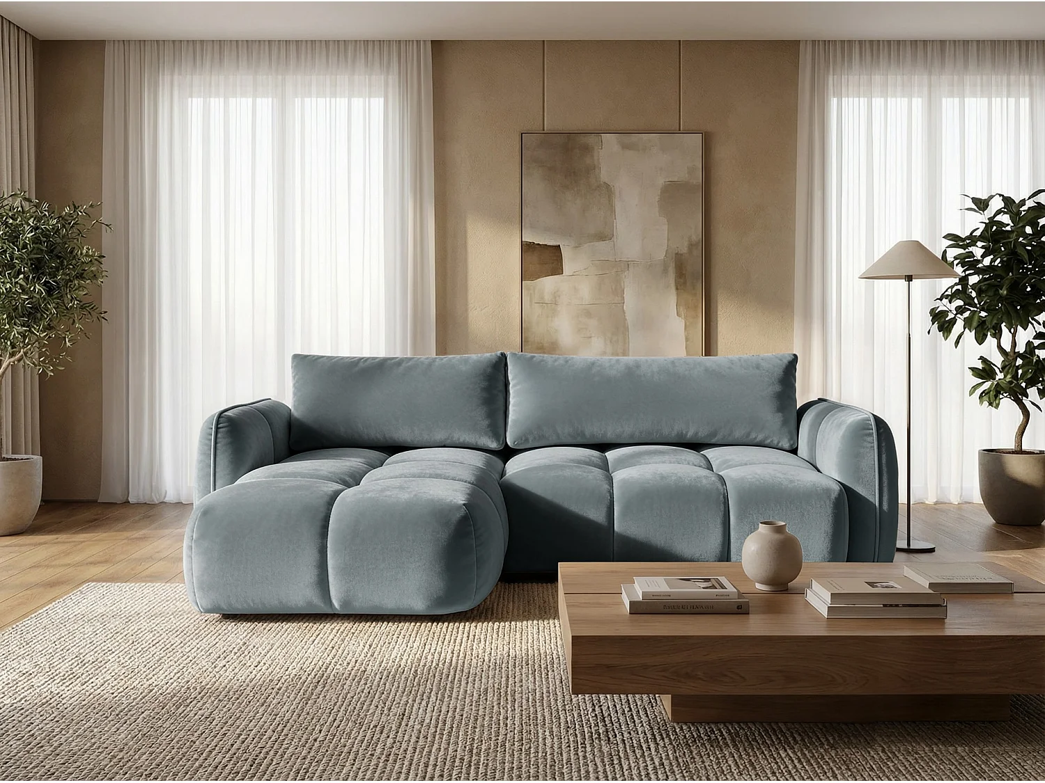 Ecksofa BELVEO mit Schlaffunktion und Bettkasten L-Form Ausrichtung Links Stoff  Bluvel 06