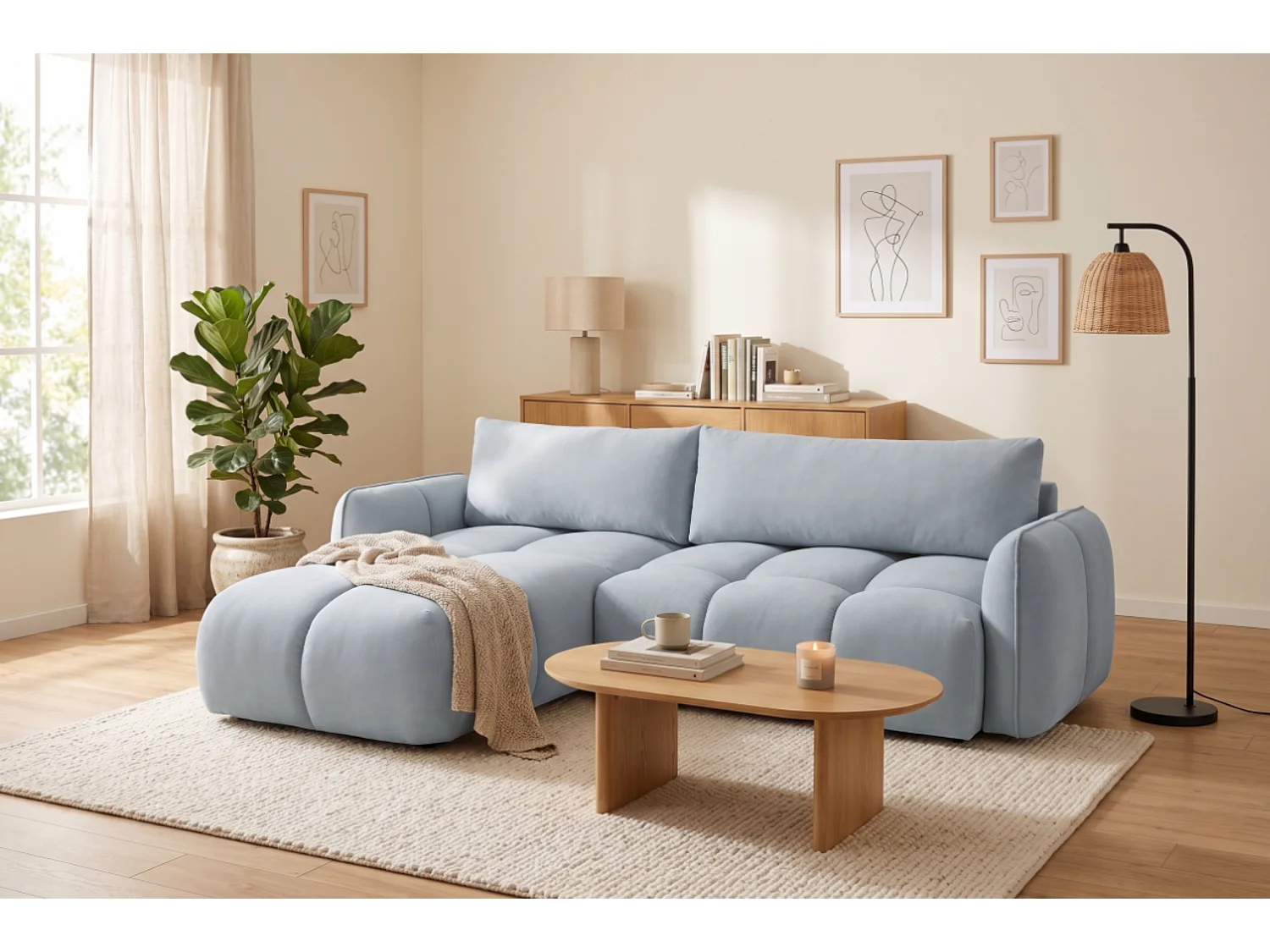 Moderne L-Vorm Fluwelen Grijze Slaapbank met Opbergruimte - BELVEO 250 cm
