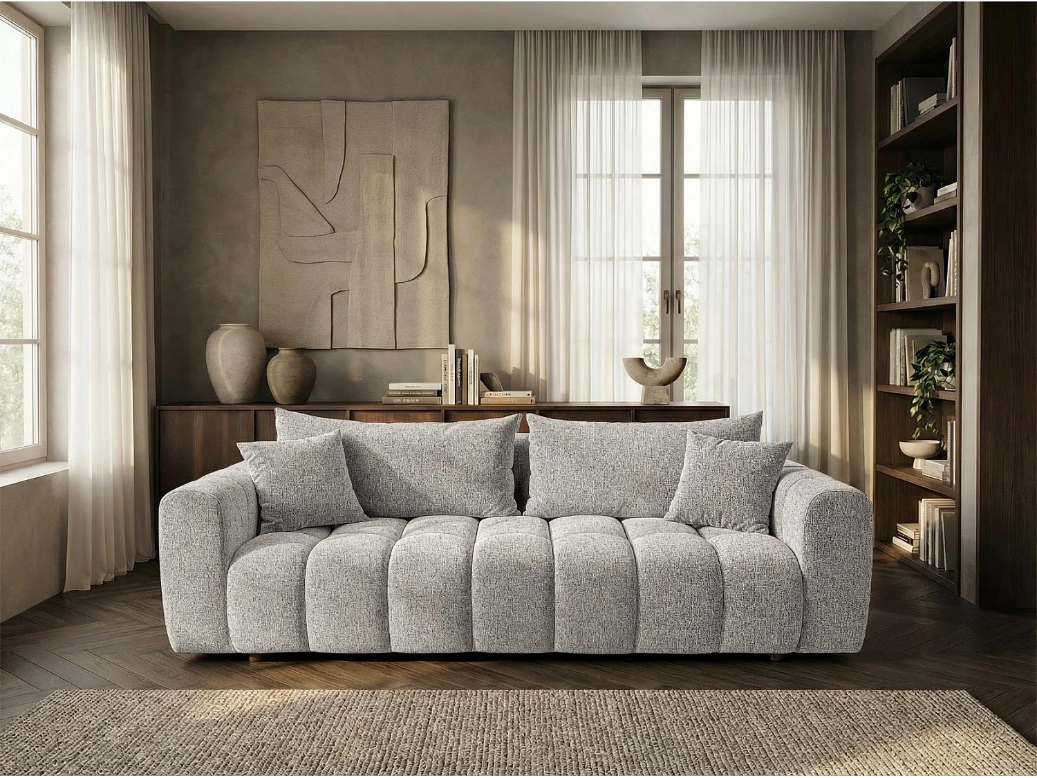 Schlafsofa COSMO LUXURY 240cm – Premium HR-Schaum – Strukturstoff Puente 06 Hellgrau