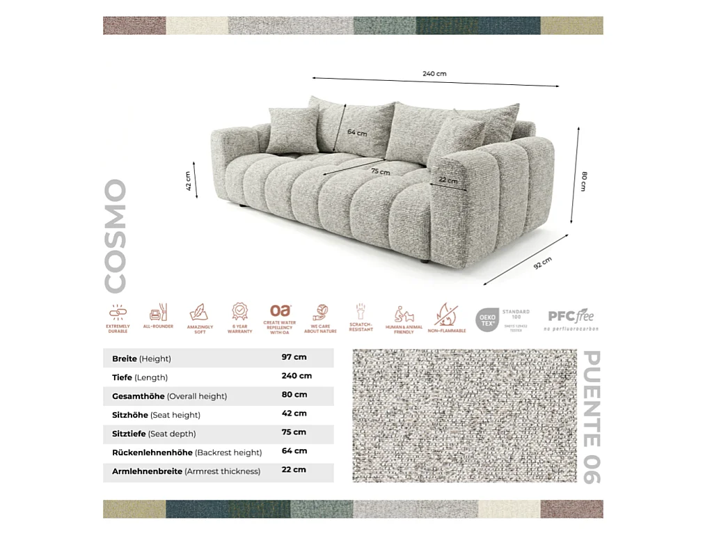 Canapé convertible en tissu bouclé gris clair 240 cm - COSMO LUXURY