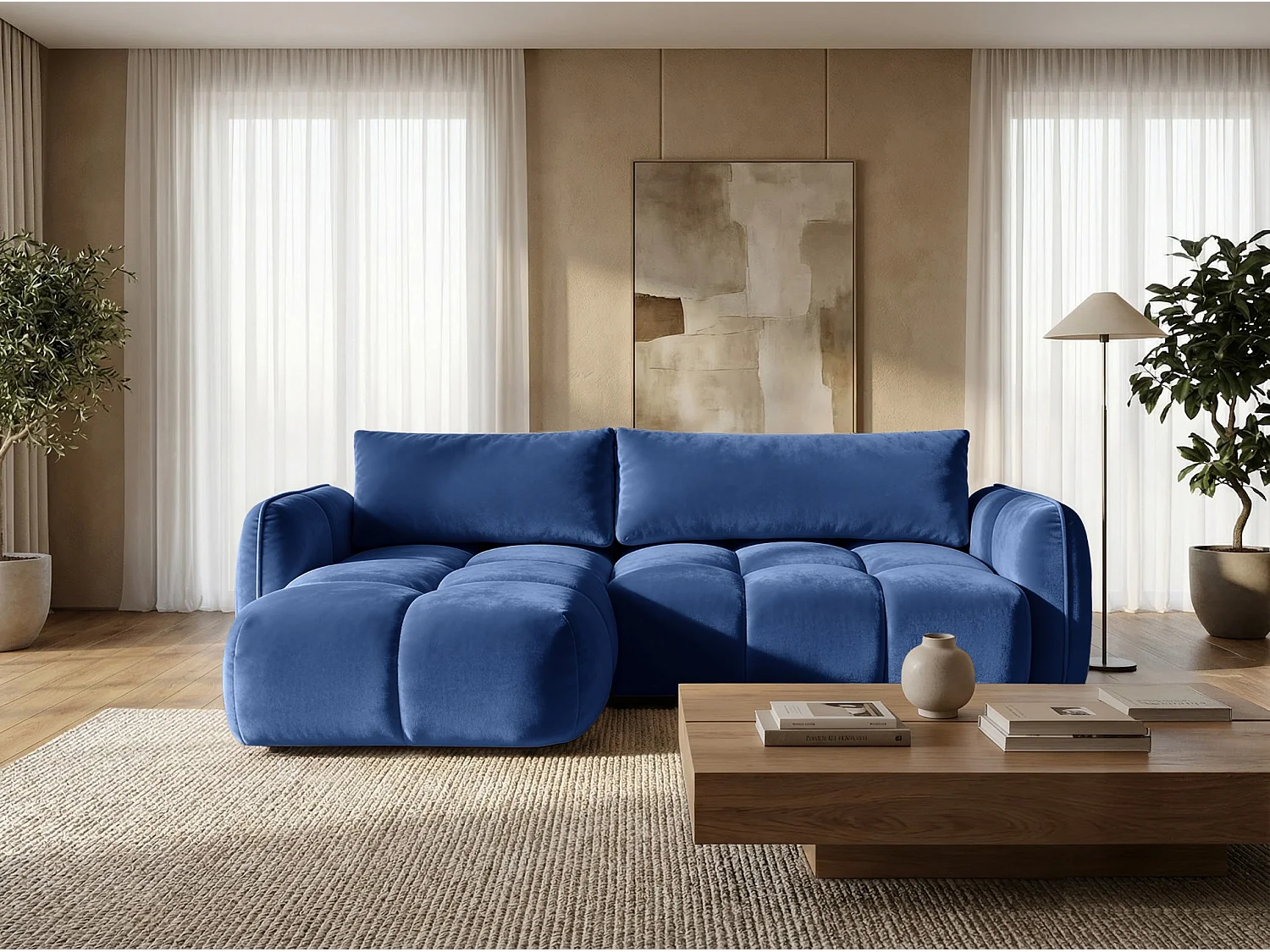 Ecksofa BELVEO mit Schlaffunktion und Bettkasten L-Form Ausrichtung Links Stoff Bluvel 86