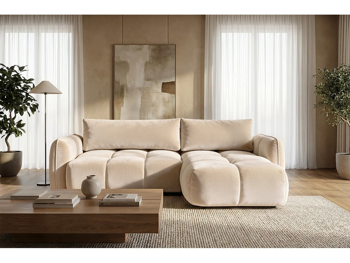 Ecksofa BELVEO mit Schlaffunktion und Bettkasten L-Form Ausrichtung Rechts Stoff Bluvel 22