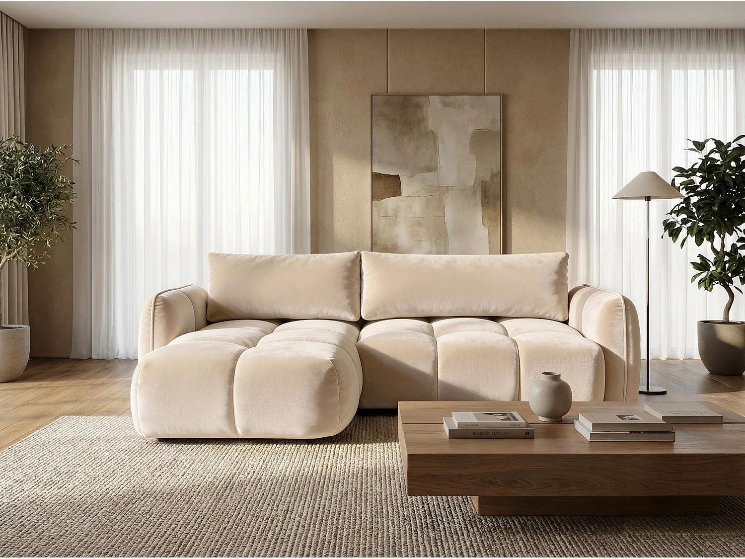 Ecksofa BELVEO mit Schlaffunktion und Bettkasten L-Form Ausrichtung Links Stoff Bluvel 22