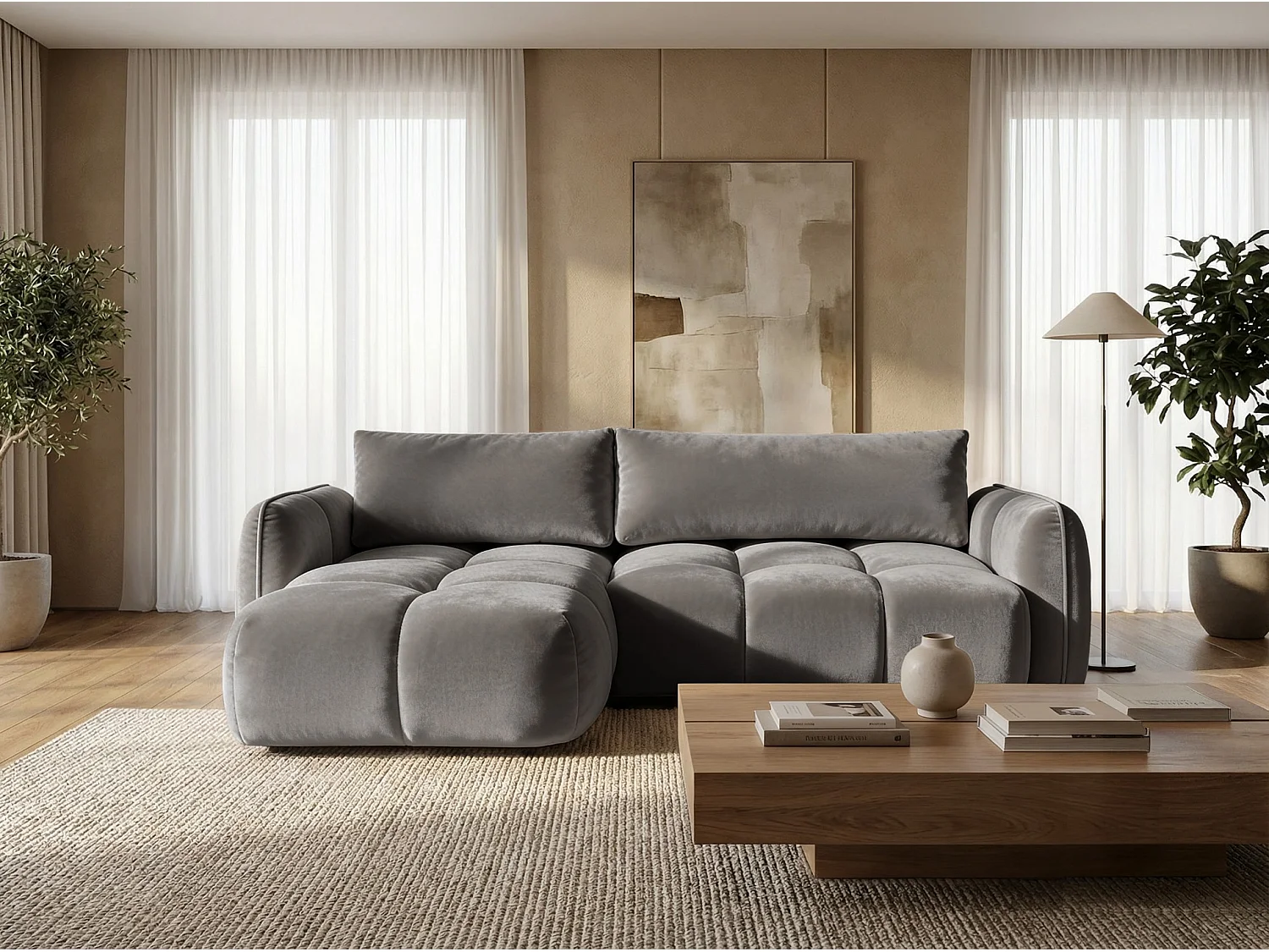 Ecksofa BELVEO mit Schlaffunktion und Bettkasten L-Form Ausrichtung Links Stoff Bluvel 14