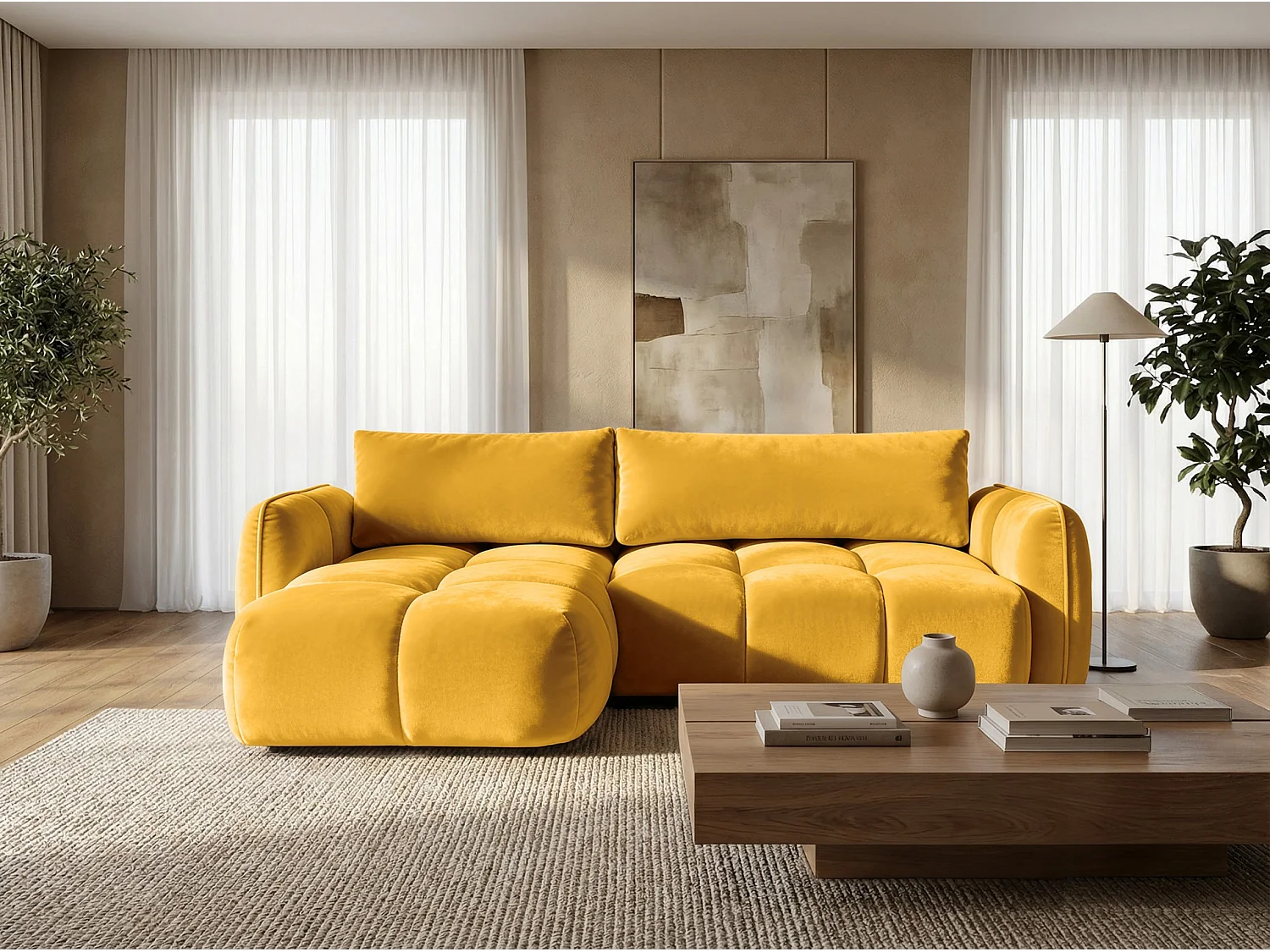 Ecksofa BELVEO mit Schlaffunktion und Bettkasten L-Form Ausrichtung Links Stoff Bluvel 68