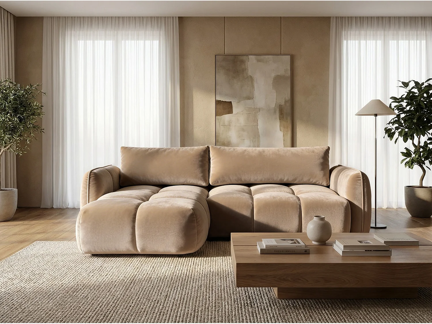 Ecksofa BELVEO mit Schlaffunktion und Bettkasten L-Form Ausrichtung Links Stoff Bluvel 28