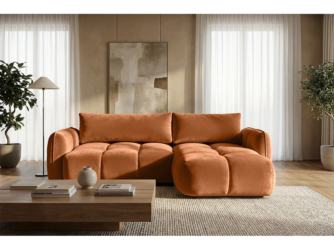 Ecksofa BELVEO mit Schlaffunktion und Bettkasten L-Form Ausrichtung Rechts Stoff Bluvel 4215