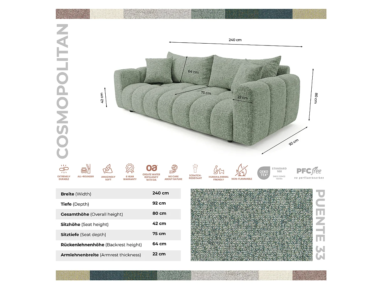 Schlafsofa COSMO LUXURY 240cm – Premium HR-Schaum – Strukturstoff Puente 33 Salbeigrün