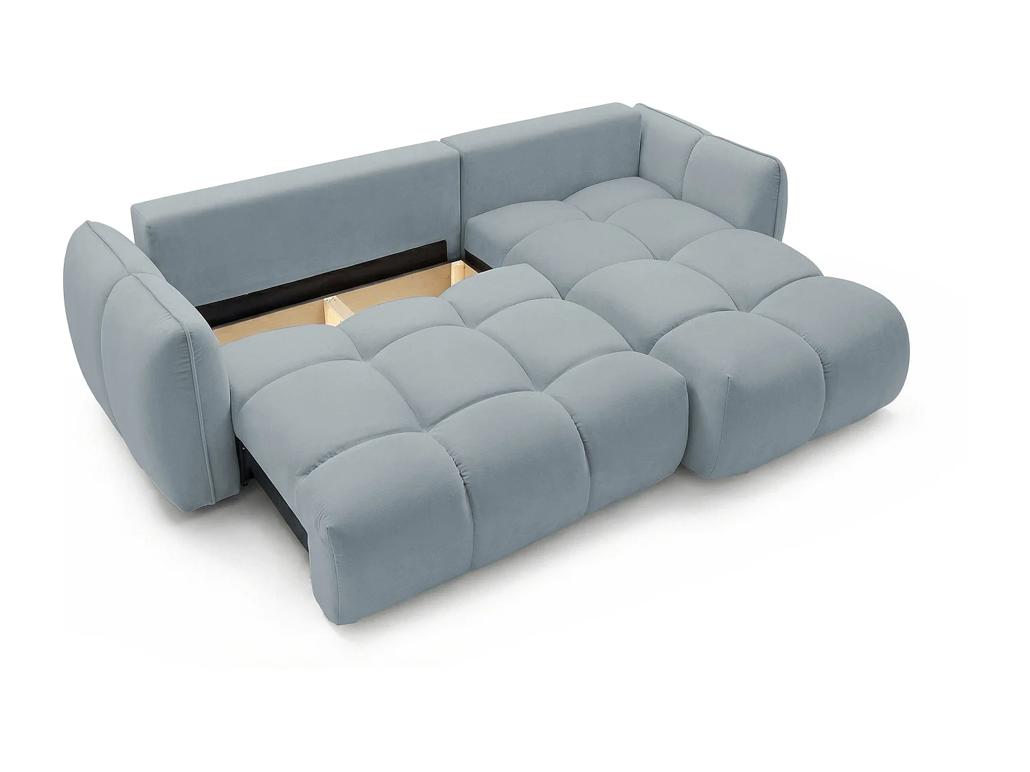 Ecksofa BELVEO mit Schlaffunktion und Bettkasten L-Form Ausrichtung Rechts Stoff Bluvel 06