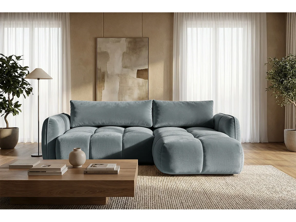 Ecksofa BELVEO mit Schlaffunktion und Bettkasten L-Form Ausrichtung Rechts Stoff Bluvel 06