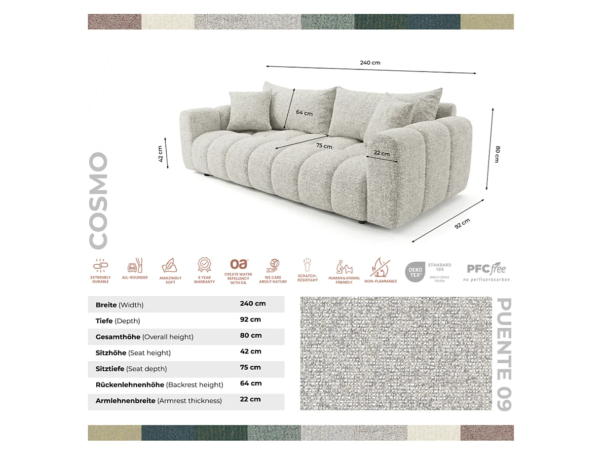 Canapé convertible en tissu bouclé beige 240 cm - COSMO LUXURY