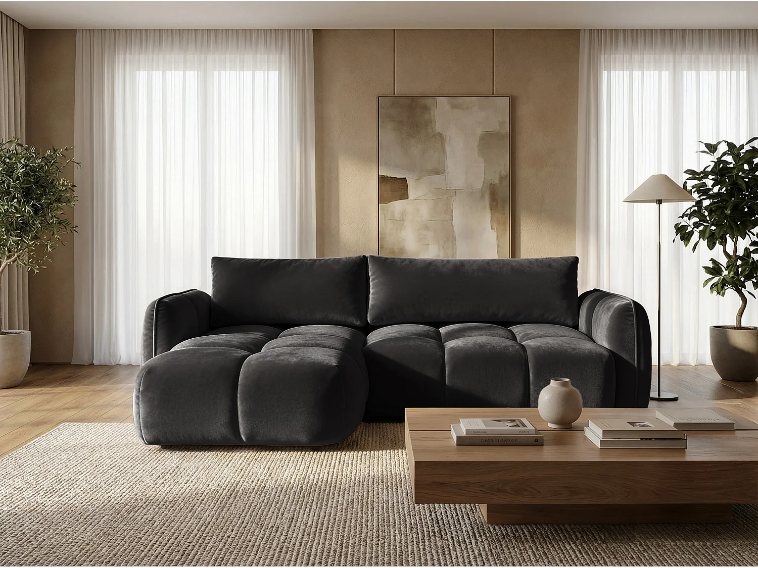 Ecksofa BELVEO mit Schlaffunktion und Bettkasten L-Form Ausrichtung Links Stoff Bluvel 19