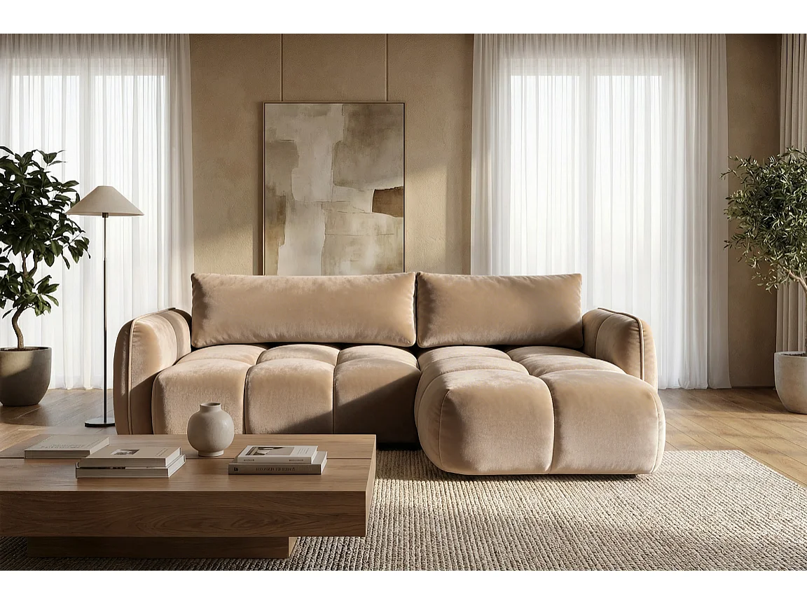 Ecksofa BELVEO mit Schlaffunktion und Bettkasten L-Form Ausrichtung Rechts Stoff Bluvel 28