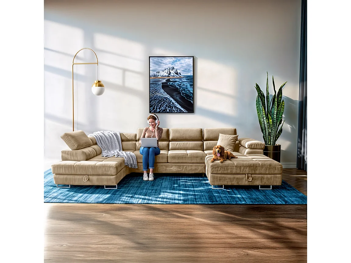 Wohnlandschaft Aller Monolith U XXL-Ecksofa mit Schlaffunktion und zwei Bettkasten in Hellbeige, linke Seite