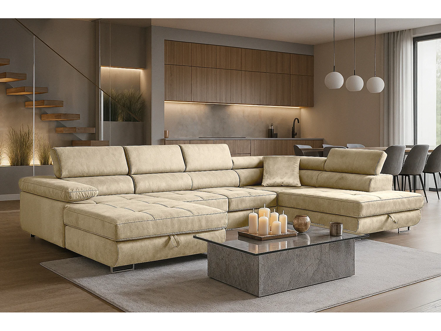 Wohnlandschaft Aller Monolith U XXL-Ecksofa mit Schlaffunktion und zwei Bettkasten in Hellbeige, linke Seite
