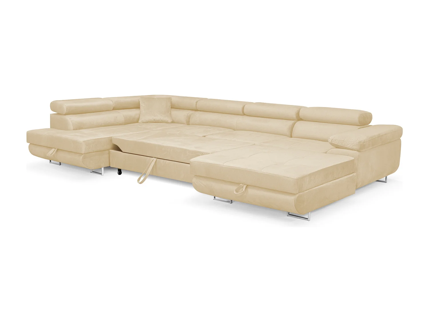 Wohnlandschaft Aller Monolith U XXL-Ecksofa mit Schlaffunktion und zwei Bettkasten in Hellbeige, linke Seite