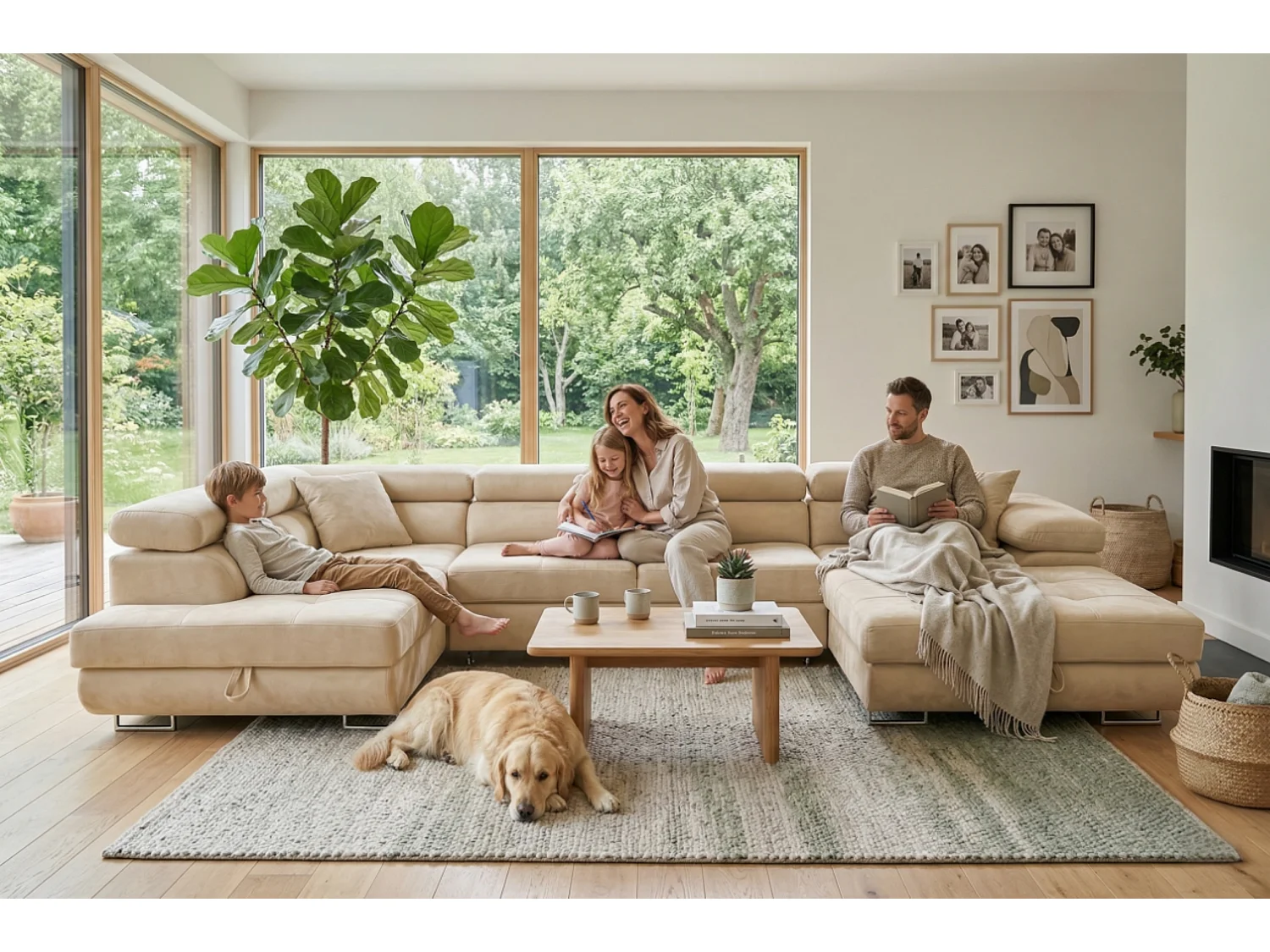 Wohnlandschaft Aller Monolith U XXL-Ecksofa mit Schlaffunktion und zwei Bettkasten in Hellbeige, linke Seite