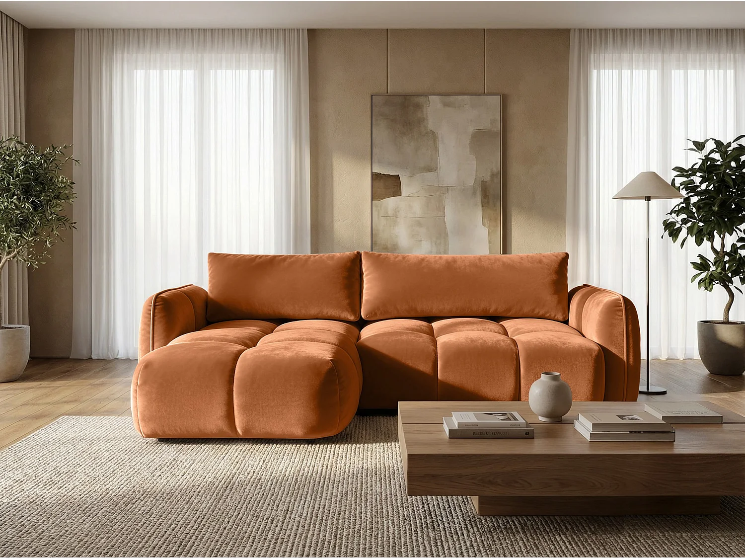 Ecksofa BELVEO mit Schlaffunktion und Bettkasten L-Form Ausrichtung Links Stoff Bluvel 4215