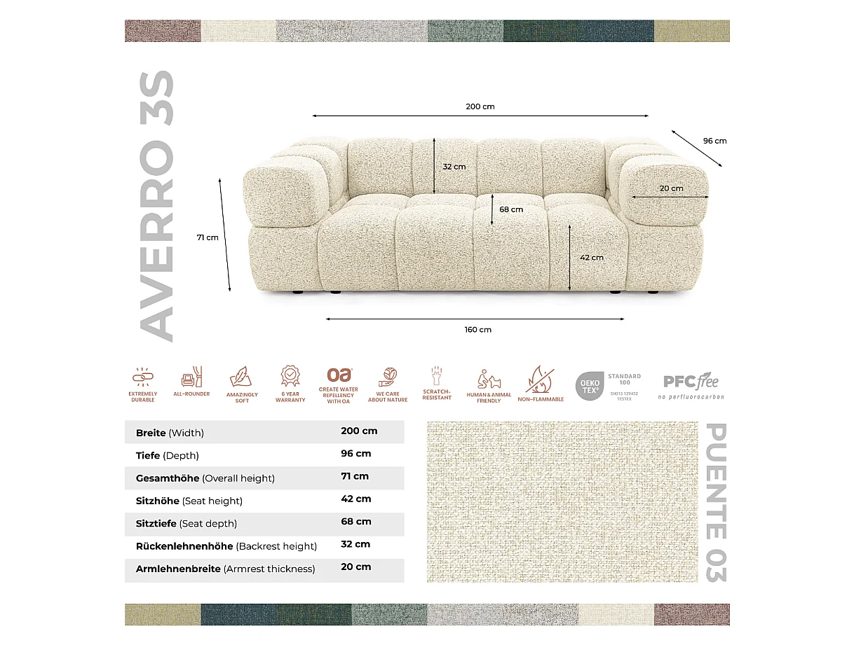 Canapé 3 places capitonné en tissu bouclé blanc cassé 240 cm - ALVERO 3S