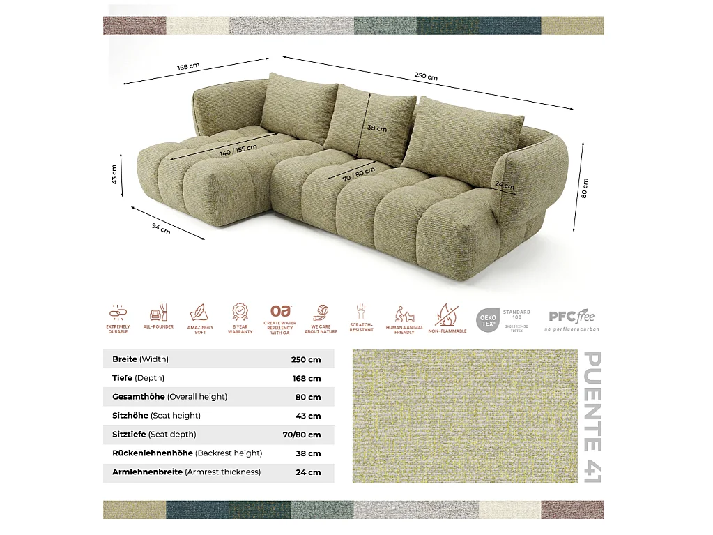 Canapé d'angle droit en tissu bouclé jaune moutarde 250 cm - SAVIO