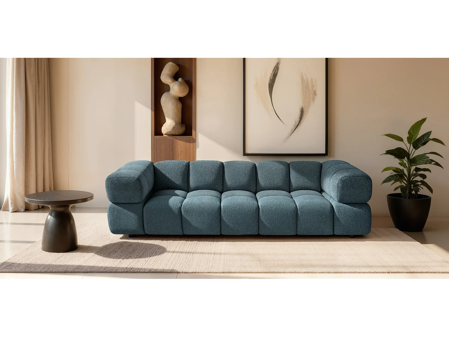 Canapé 4 places capitonné en tissu bouclé bleu canard 280 cm - ALVERO 4S