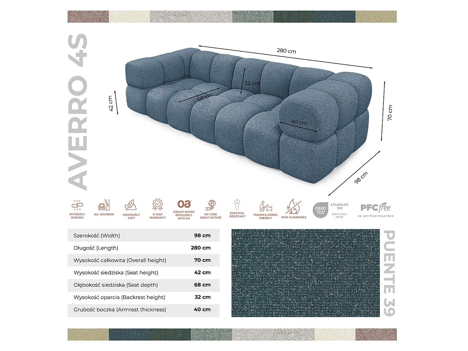 Canapé 4 places capitonné en tissu bouclé bleu canard 280 cm - ALVERO 4S