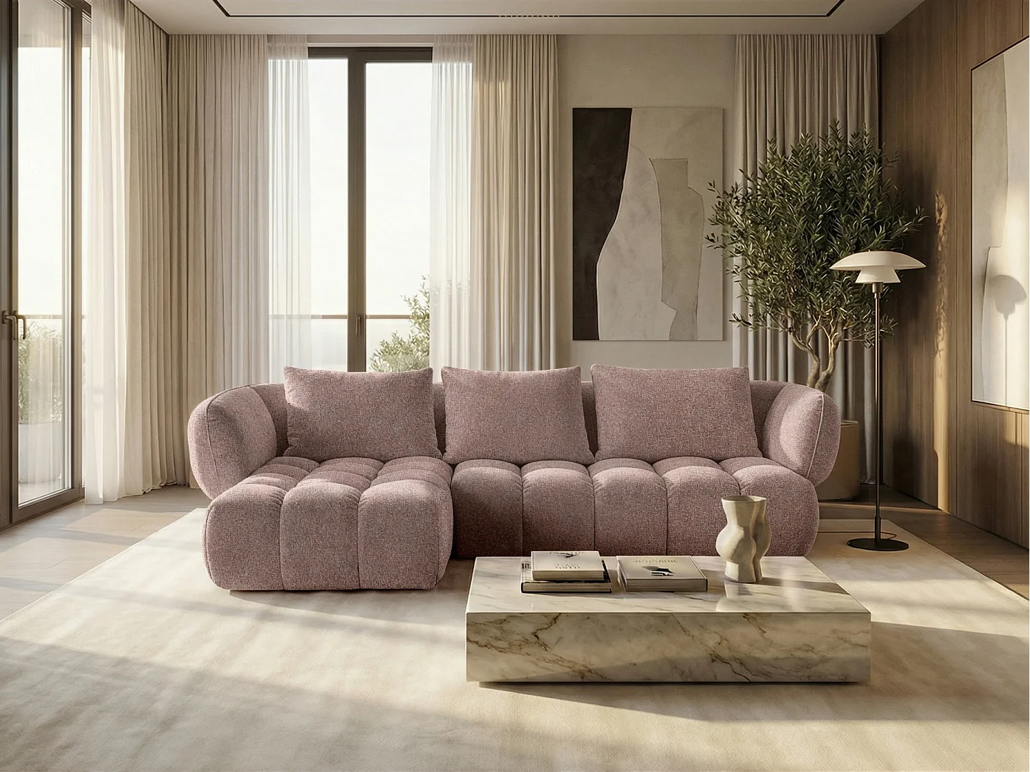Canapé d'angle gauche en tissu bouclé rose poudré 250 cm - SAVIO