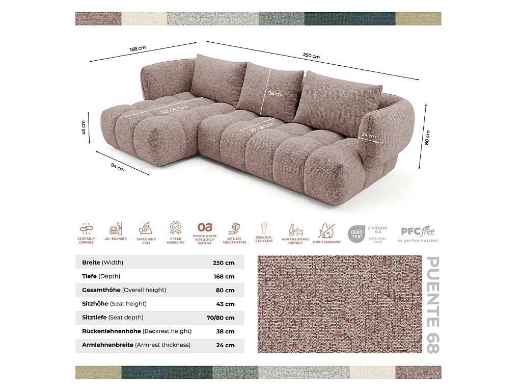 Canapé d'angle gauche en tissu bouclé rose poudré 250 cm - SAVIO