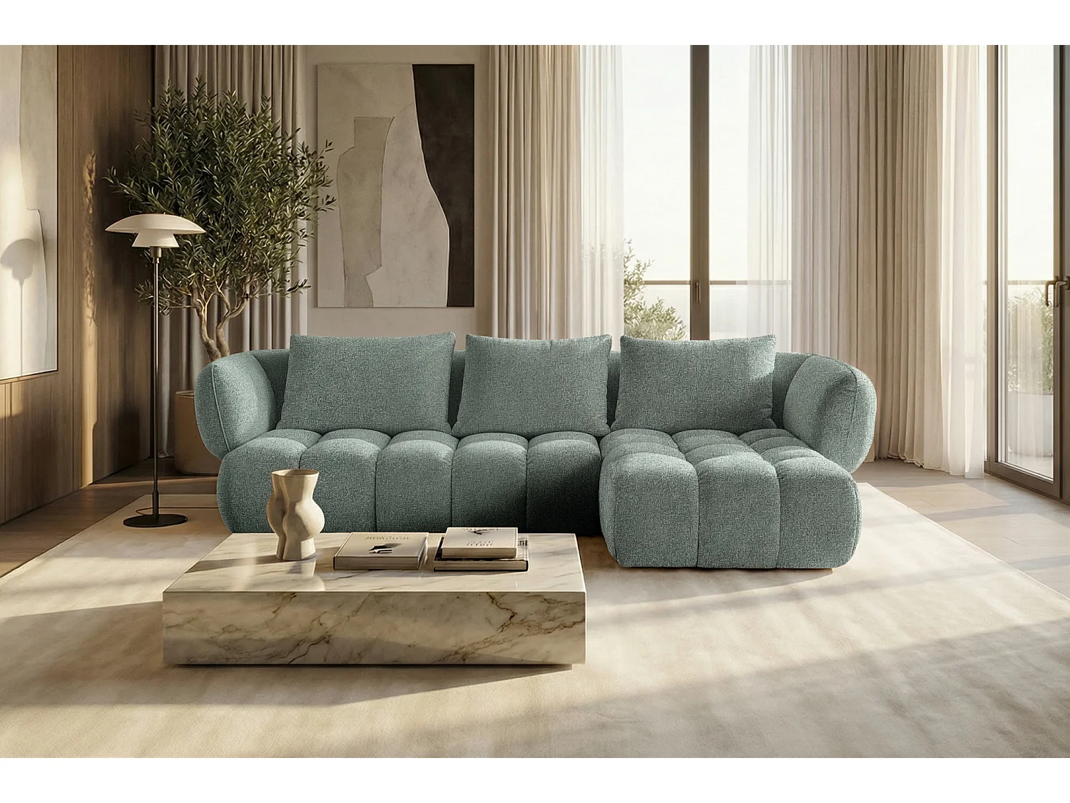 Canapé d'angle droit en tissu bouclé vert amande 250 cm - SAVIO