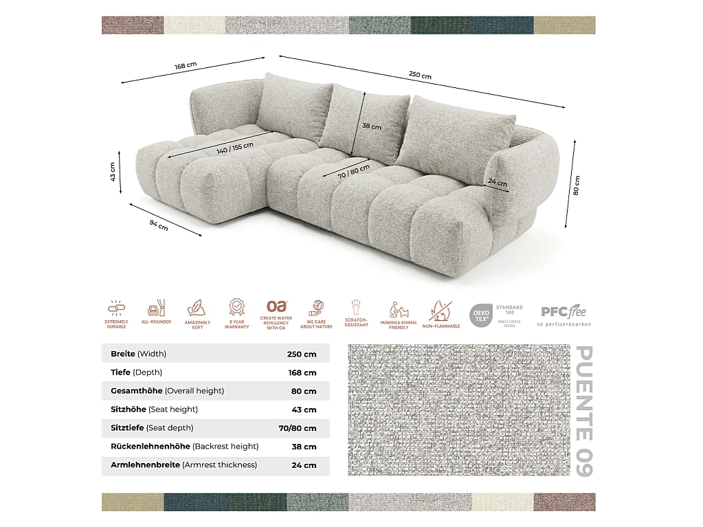 Canapé d'angle droit en tissu bouclé beige 250 cm - SAVIO