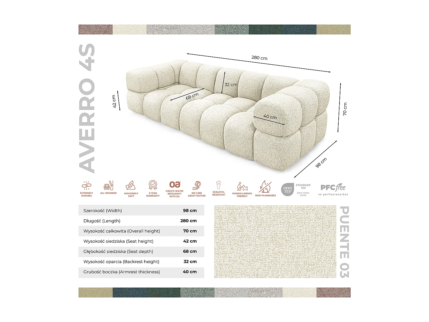Design 4-Sitzer Sofa ALVERO 280 cm – Cremeweiß 03 – Strukturstoff Premium – HR-Schaum