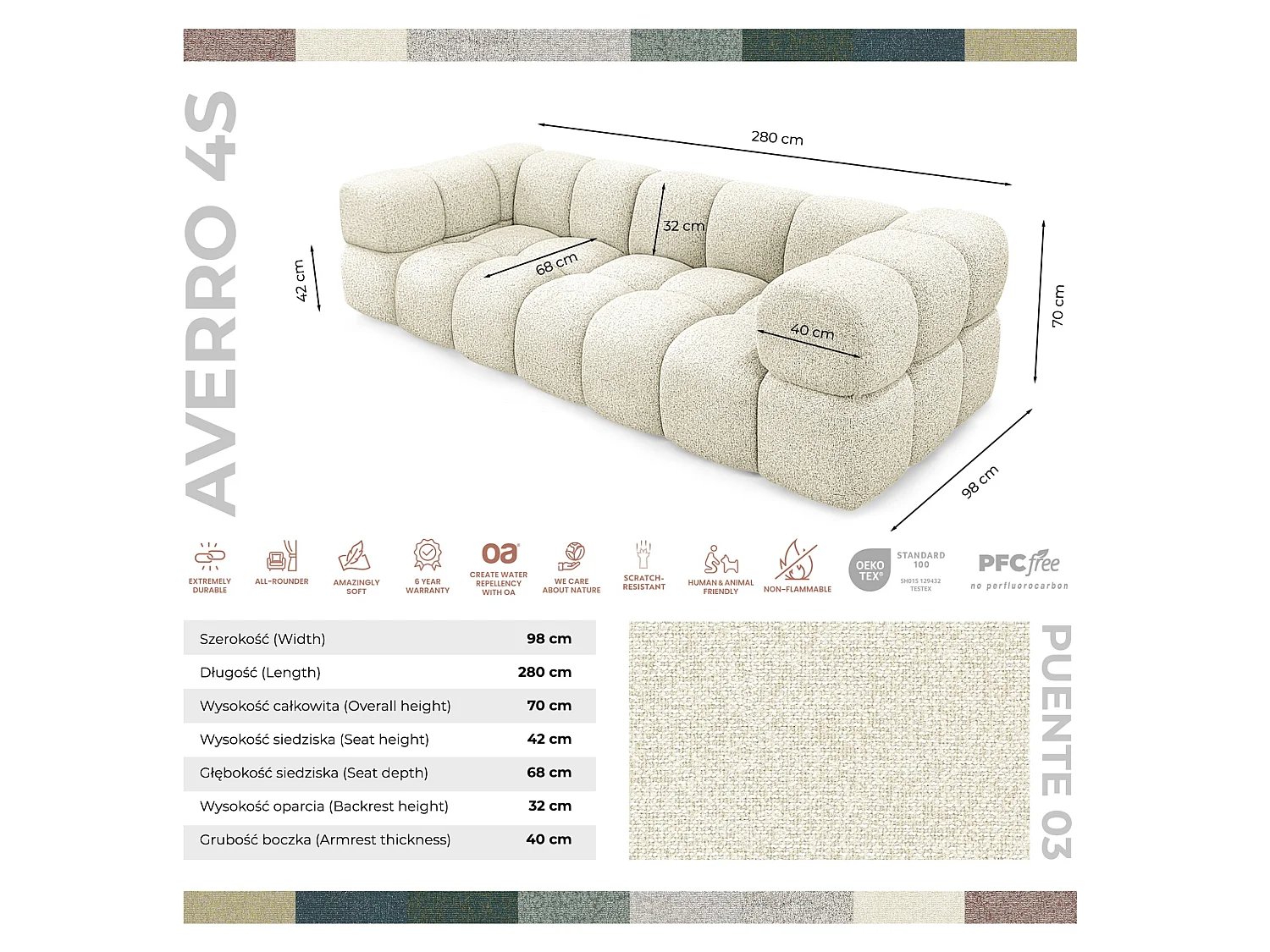 Canapé 4 places capitonné en tissu bouclé blanc cassé 280 cm - ALVERO 4S